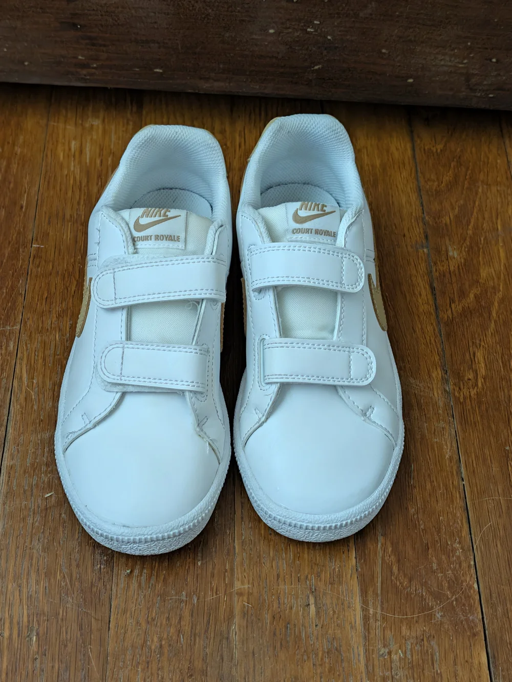 Nike Kids White Sneakers with Gold Swoosh Velcro